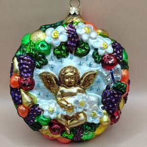 SPODE Hand Blown Glass Colorful Angel Cherub Holiday Christmas Wreath Ornament